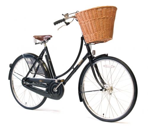 Pashley Princess Classic Womens Bike in Black. Featuring wicker basket. View from the side.