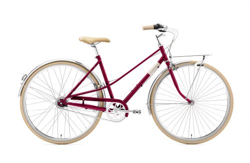 Caferacer Lady Solo Urban Bike in Bordeaux Red. Featuring cream saddle, tyres, and handles. Chrome mudguards and 7-speed gears. Side-on view of the bike.