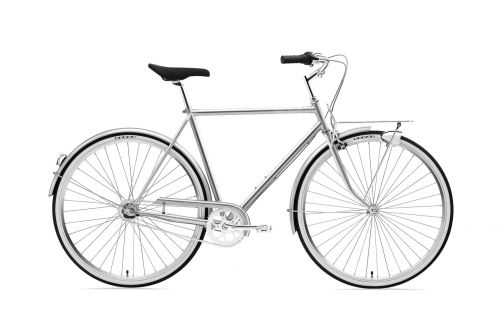 Creme Caferacer Man Uno Urban Bike in Chrome. Featuring full chrome mudguards, black seat, black handles, front headlamp and pannier rack. Side-on view.