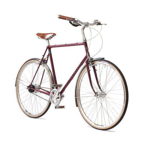 Pashley Countryman 8-speed gears mens bike in burgundy. Road bike with brown saddle and handlebars. Side-on view of bike. 