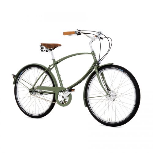 Pashley Parabike traditional hybrid bike. Mens bike in ash green. Inspired by WW2 airborne parabike. Featuring Brown Brooks saddle, full mudguards, black tyres, and 5-speed gears. Side-on view.
