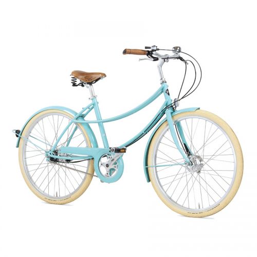 Pashley Penny Classic Ladies Town Bike in light blue. 5-speed gears, Brooks leather saddle, cream tyres, and light blue full mudguards. Side-on view.