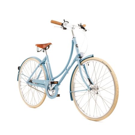 Pashley Poppy womens bike in blue colour. Brown seat and handles. White tyres. Side-on view. 