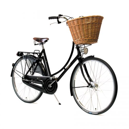 Pashley Princess Sovereign women's bike in black. Traditional road bike featuring brooks brown saddle, large wicker basket, front headlamp, full mudguards, 5 or 8 speed gears, enclosed chain, and kick-stand.