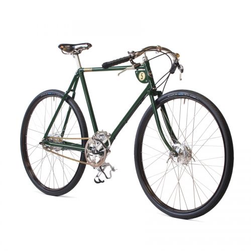 Pashley Speed-5 Mens Road Bike/Racing Bike in racing green colour. Featuring Black tyres and Black Brooks saddle. Side-on view.