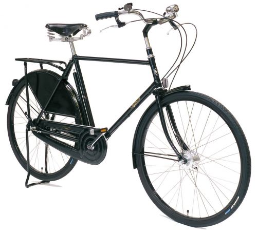 Pashley Roadster Classic bike in Black. 3-speed gears, brooks saddle, ding-dong bell, 28-inch wheels. Vintage bike stood up on kick stand. Side-on view.