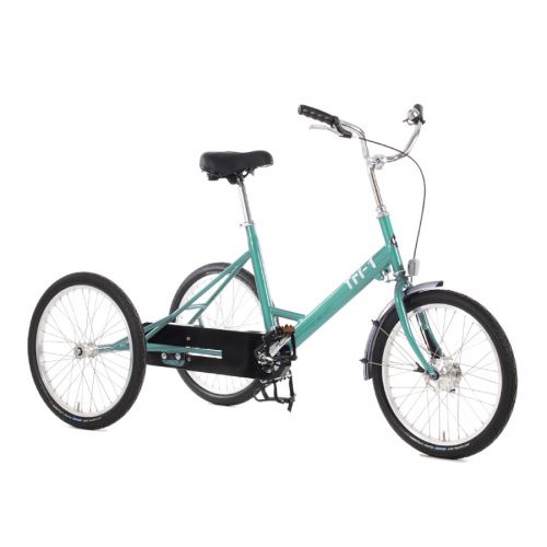 Pashley Tri-1 Fixed-Gear Adult Folding Tricycle in Turquoise. Classic hand-built British tricycle. Featuring comfy black gel saddle, fully-enclosed chain case, and pedals with toe-clips. 