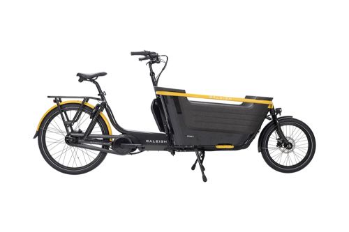 Raleigh STRIDE 2  ELECTRIC CARGO BIKE. Family cargo bike. Black primary colour. Yellow secondary colour.Side view. 